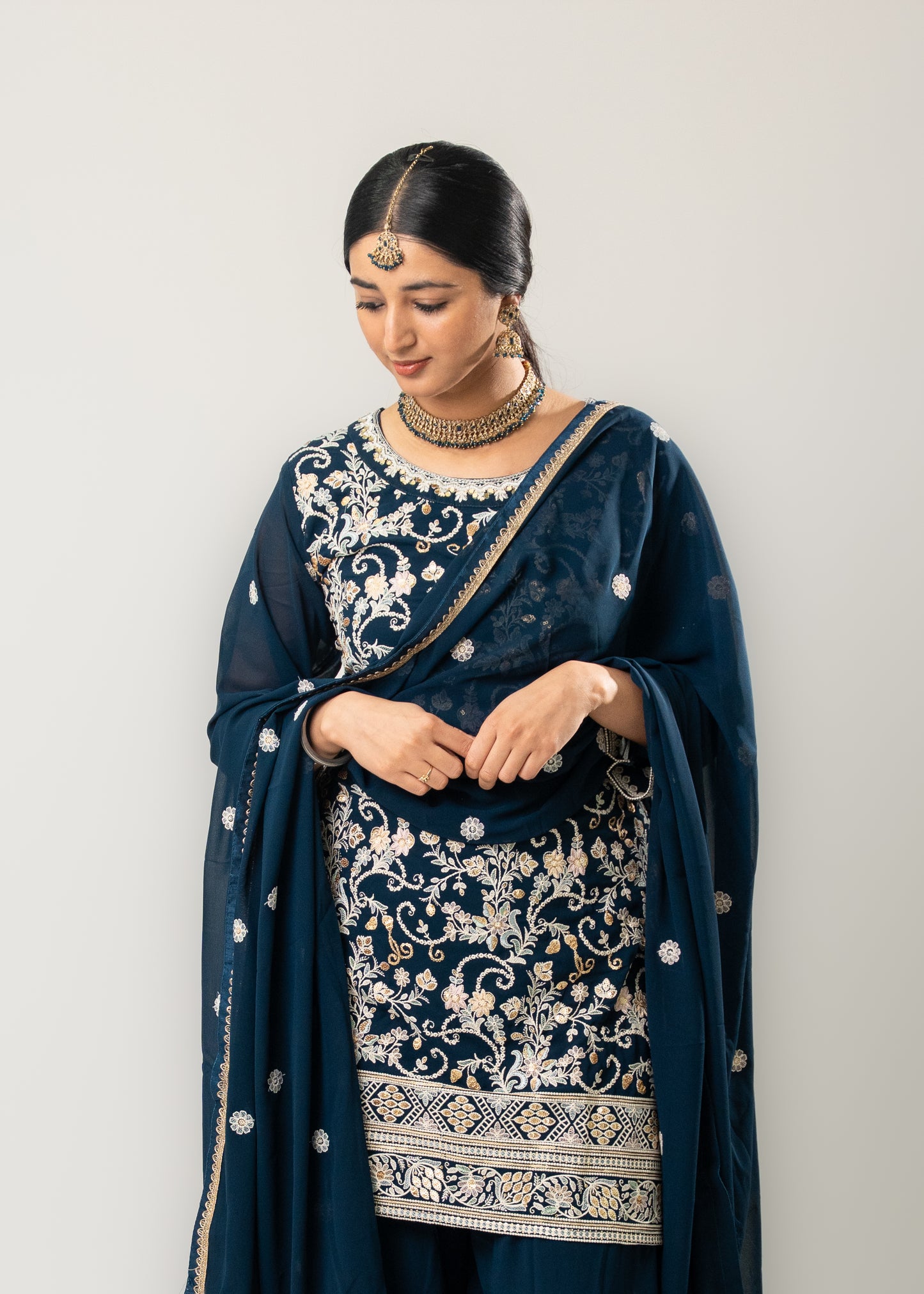 Midnight Blue Embroidered Sharara Suit