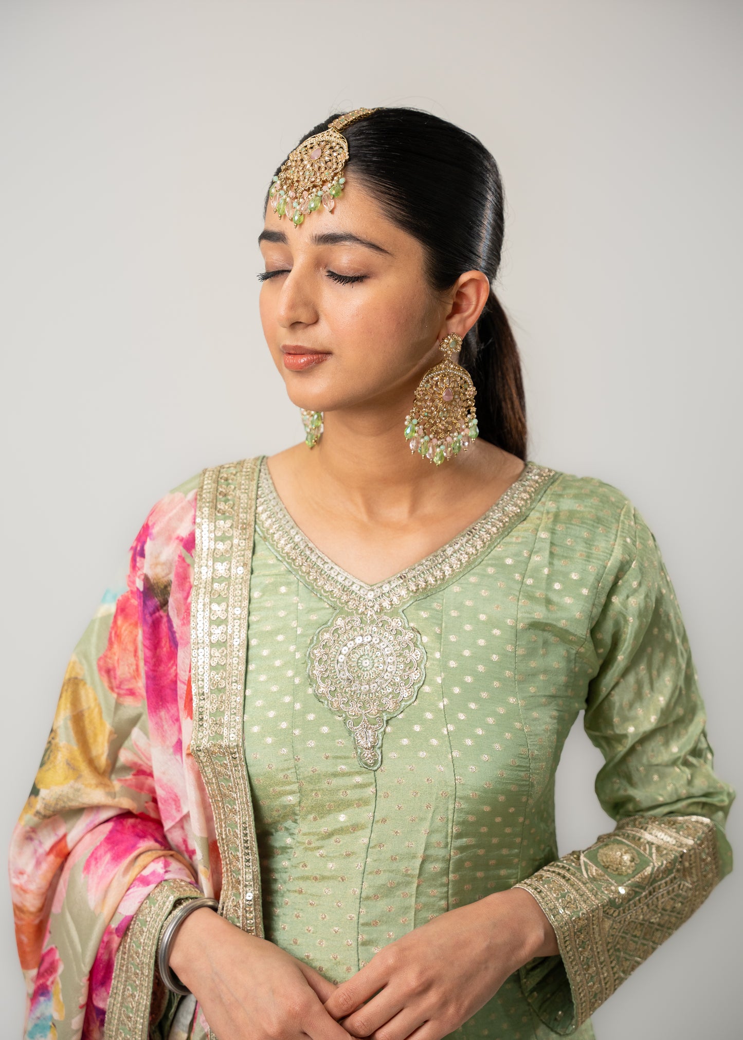 Pastel Green Floral Dupatta Anarkali Suit