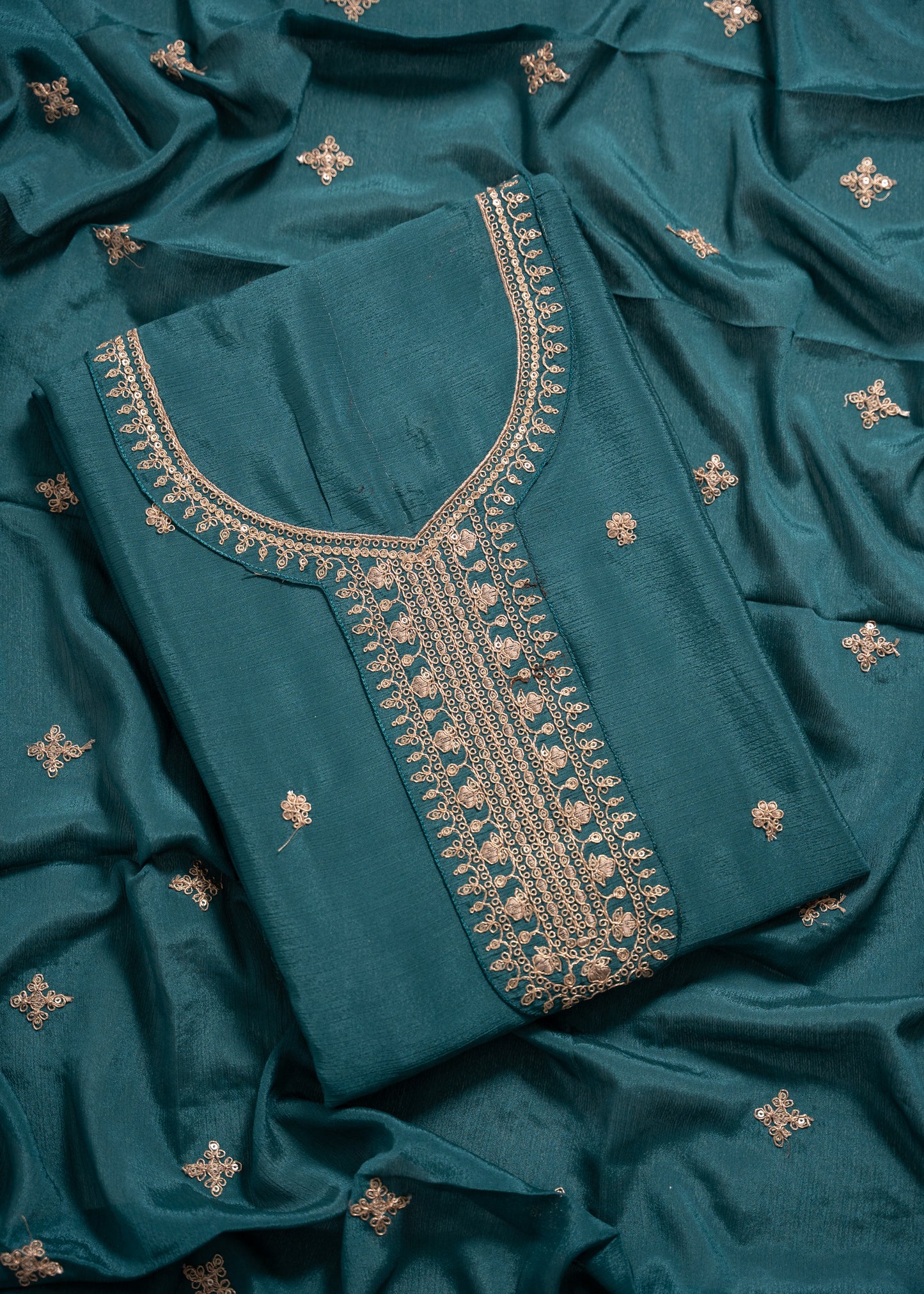 Teal Green Heavy Embroidered Chinon Sharara Unstitch Suit Set