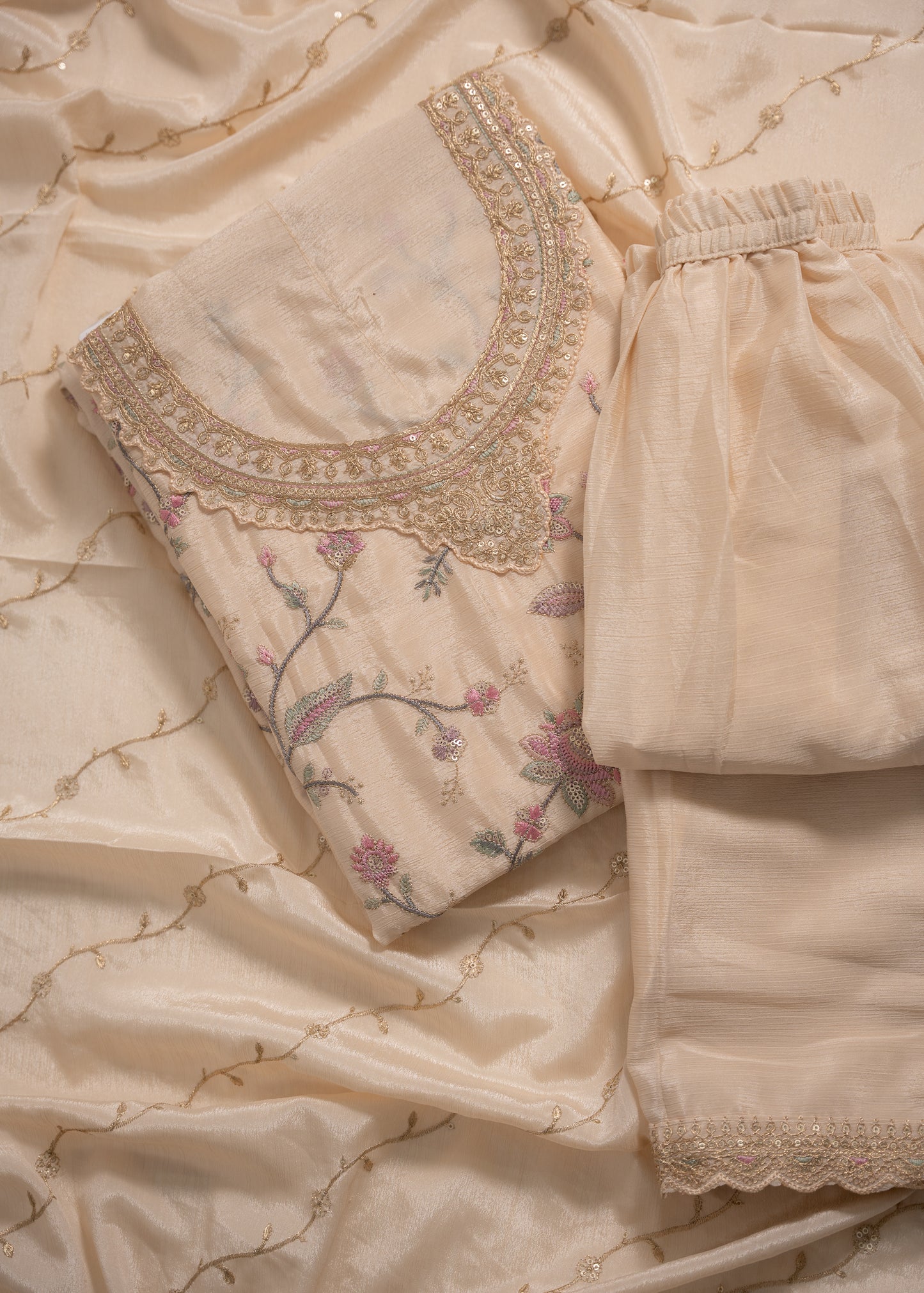 Pearl Beige Chinon Sharara Suit