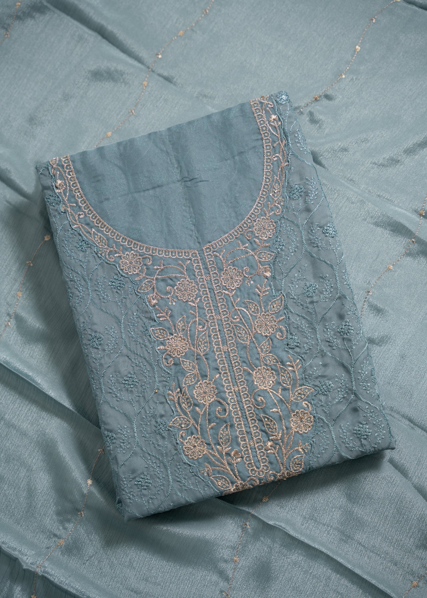 Teal Blue Schiffli Embroidered Organza Unstitched Suit Set
