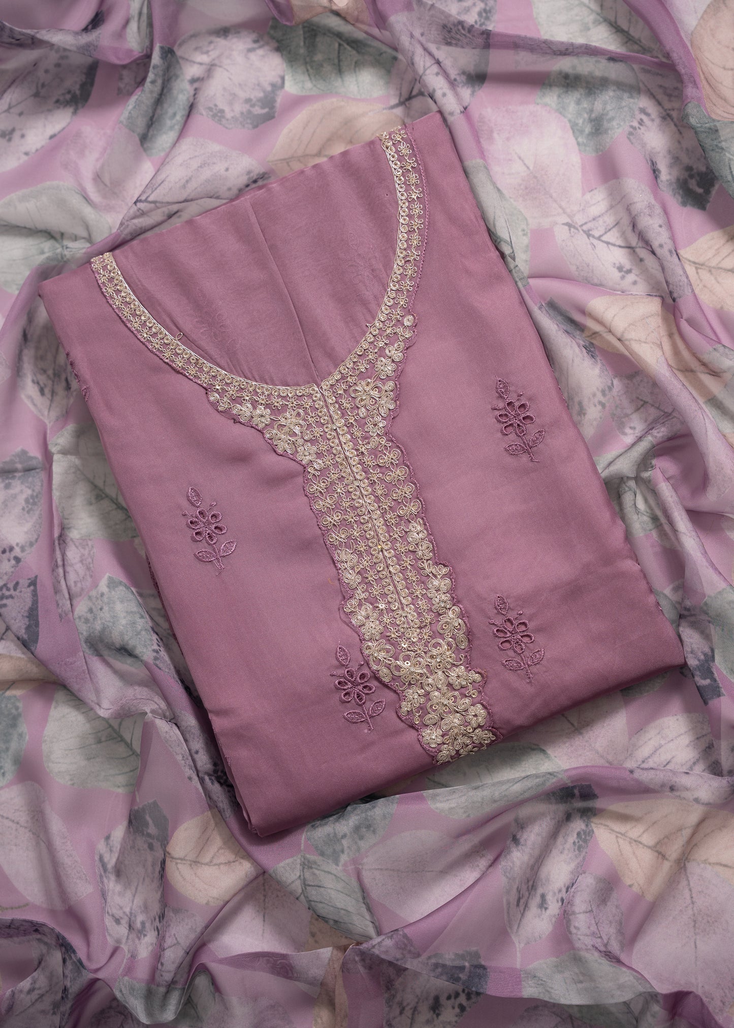 Mauve Embroidered Organza Schiffli Unstitched Suit Set