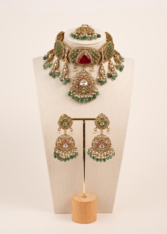 Antique gold designer Choker necklace set/ Ruby,Emerald Gemstone/ Indian jewellery