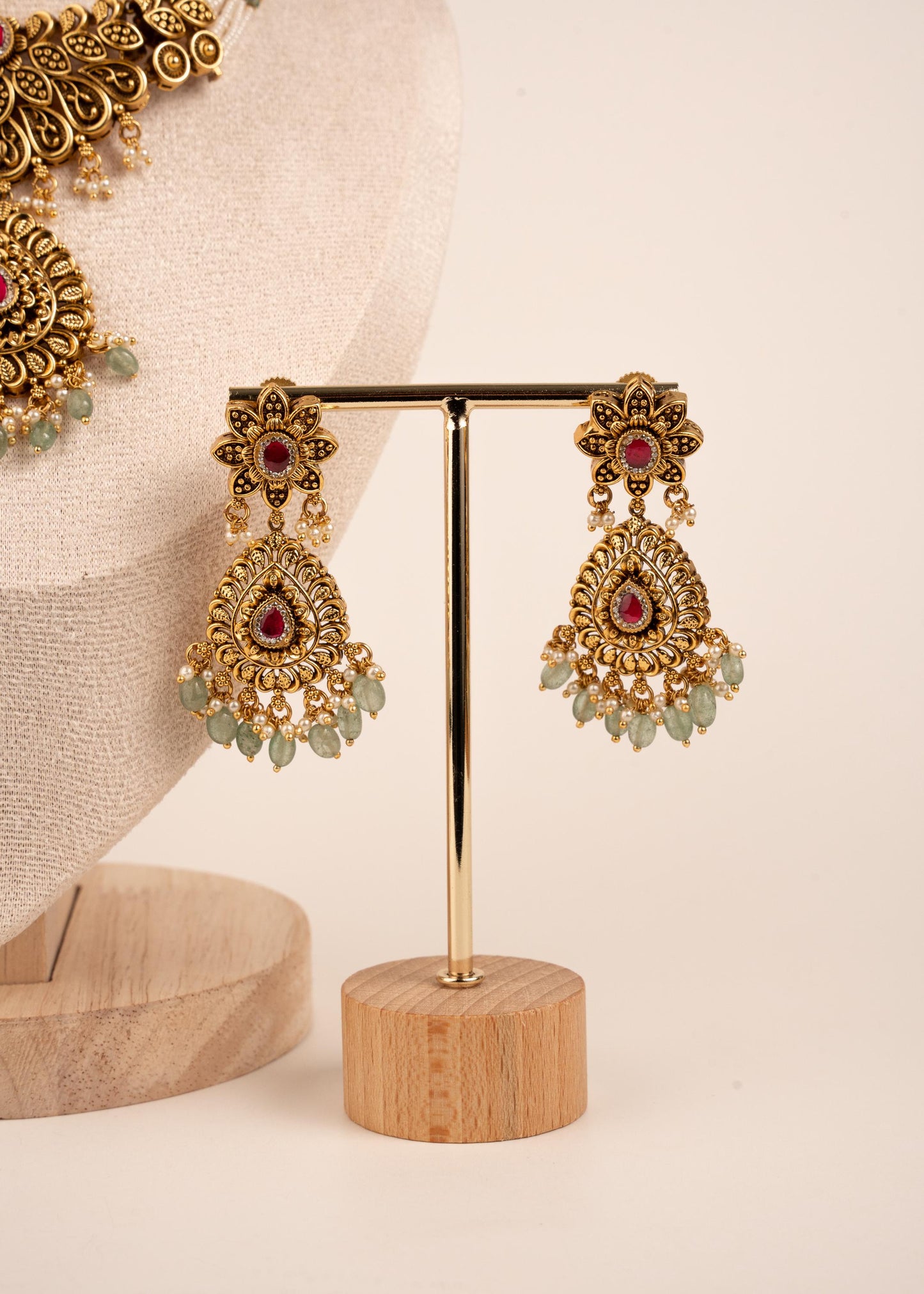 Antique Gold Choker Necklace Set/ South Indian Temple Jewelry Set/ Green Bead Drop Earrings/ Festive Wear Choker/ Indian Pakistani Jewelry (etsy image id: 8022313023)