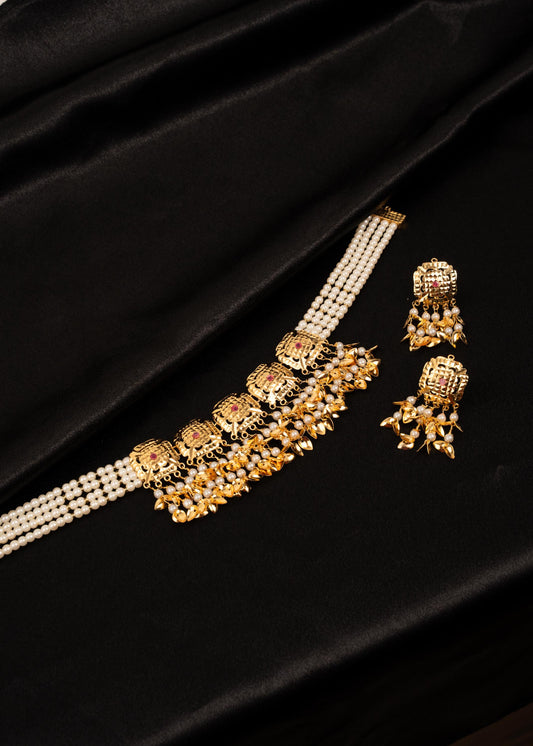 Heritage Pippal Patti Choker Necklace Set/ Traditional Jadau Jewelry/ Gold Plated Necklace Set/ Punjabi Jaggo Jewelry/ Golden Finish Jewelry