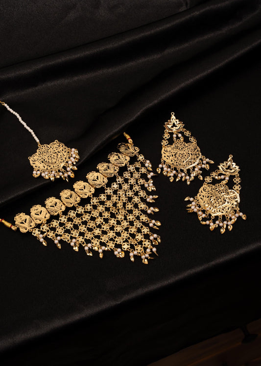 Waterfall Pippal Patti Choker Necklace Set/ Gold Plated jewelry/ Traditional Jewelry/ Punjabi Wedding Jewelry/ Ethnic Necklace