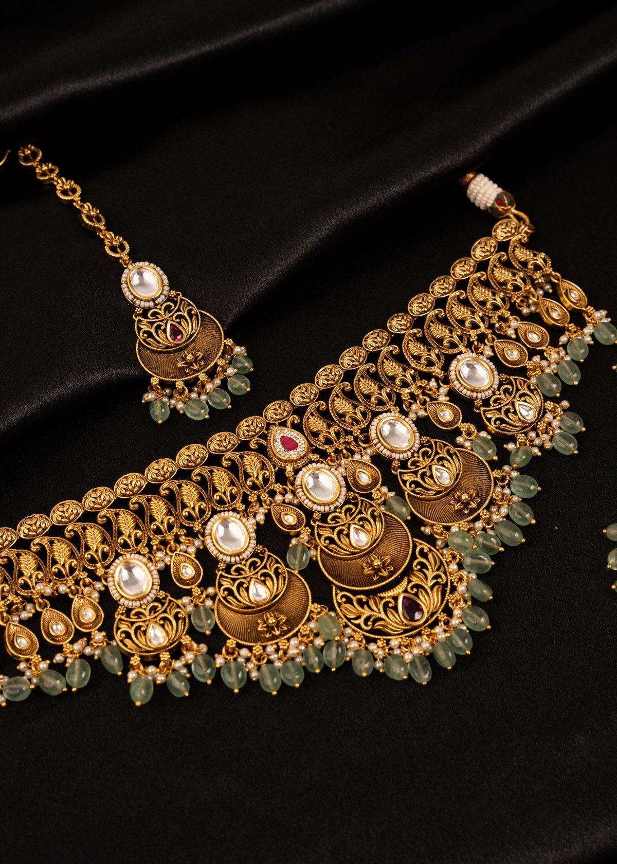 High Quality Gold Plated Bridal Necklace Set/ Green Beaded Jewelry/ Indian Wedding Necklace/ Antique Gold Jewelry/ South Indian Jewelry