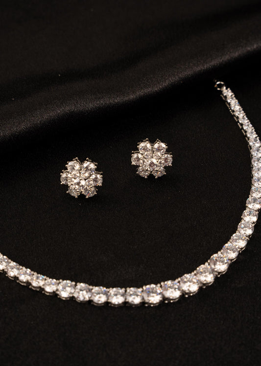 American Diamond Necklace Set with Studs/ AD Tennis Necklace/ Wedding Jewellery/ Crystal Statement Necklace/ AD Choker Necklace