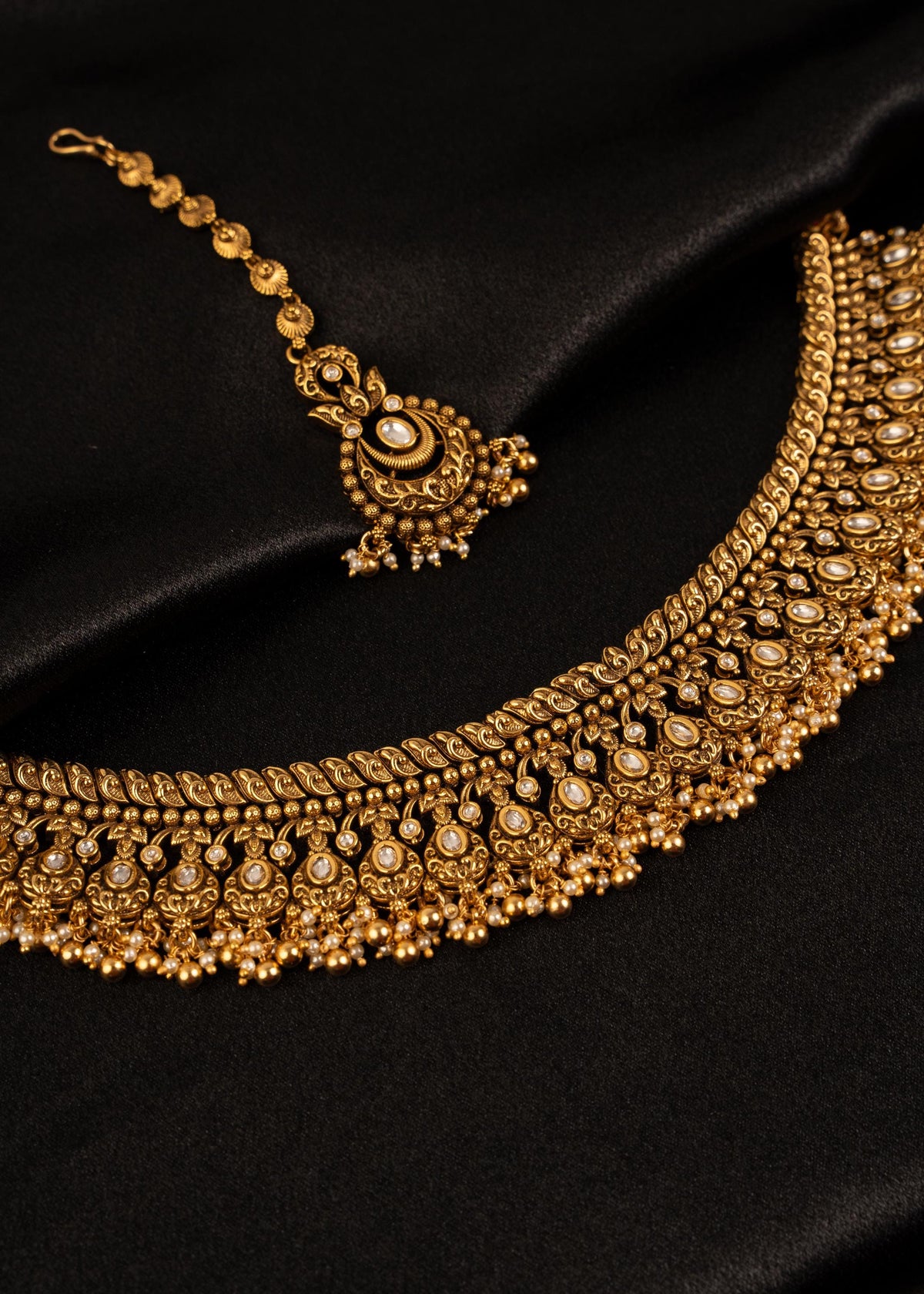 Premium Gold Plated Choker Necklace Set/ Indian Bridal Necklace/ Antique Jewelry/ Wedding Jewelry/ Kundan Jewelry/ Golden Beads Necklace