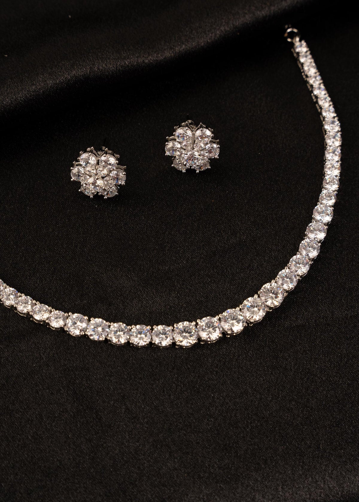 American Diamond Necklace Set with Studs/ AD Tennis Necklace/ Wedding Jewellery/ Crystal Statement Necklace/ AD Choker Necklace