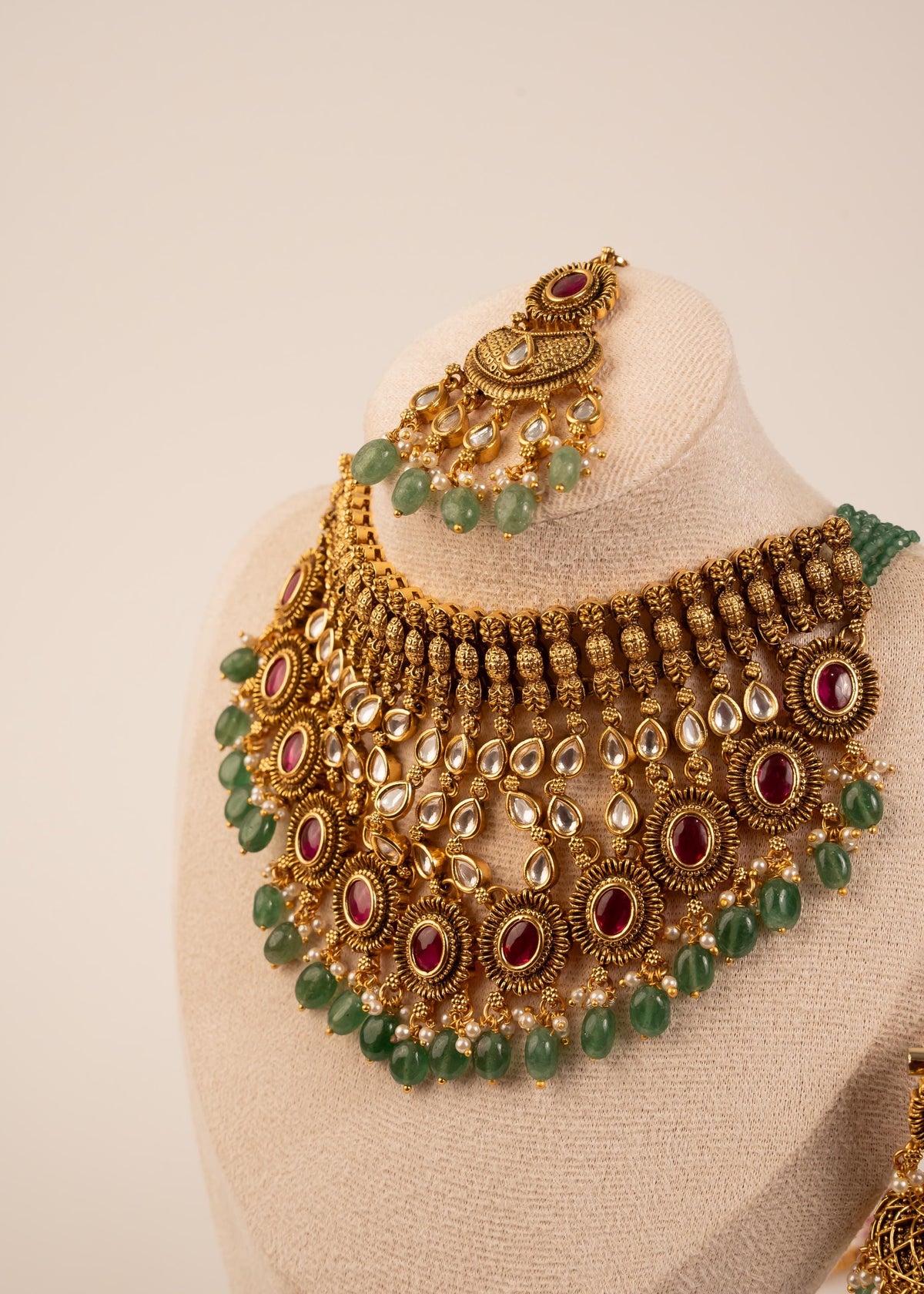 Premium Gold Plated Waterfall Choker Necklace Set/ Antique Jewelry/ Indian Wedding Jewelry/ Bridal Jewelry/ Statement Jewelry/ Green Beads