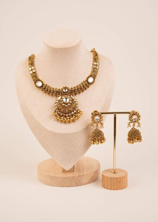 Gold Plated Kundan Pendant Necklace Set/ Indian Wedding Necklace/ Statement Jewelry/ Bridal Necklace/ Antique Jewelry/ Ruby/ Jhumki Earrings