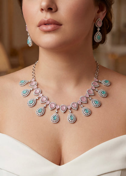 Blush Pink and Aqua Green Crystal Necklace Set