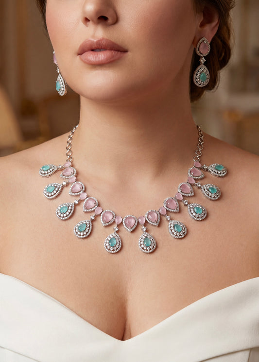Blush Pink and Aqua Green Crystal Necklace Set