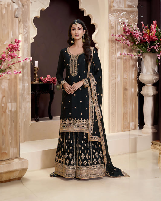 Royal Black Heavy Embroidered Chinon Sharara Suit Set