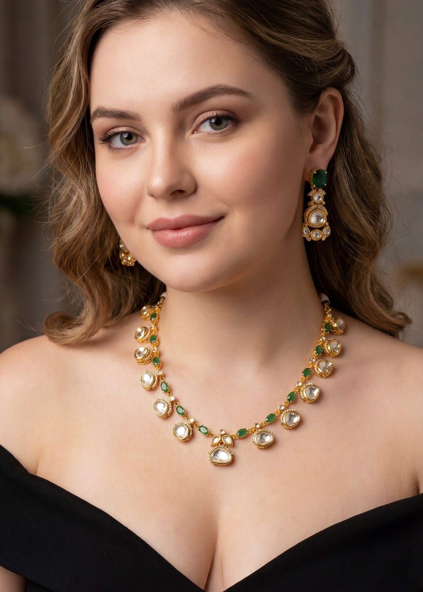 Kundan Necklace Set/ Indian Jewelry Set/ Wedding Necklace Set/ Green Stone Indian Wedding Set