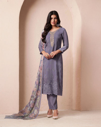 Lavender Grey Embroidered Organza Schiffli Unstitched Suit Set