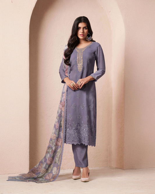 Lavender Grey Embroidered Organza Schiffli Unstitched Suit Set