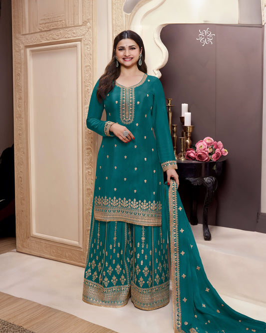 Teal Green Heavy Embroidered Chinon Sharara Unstitch Suit Set