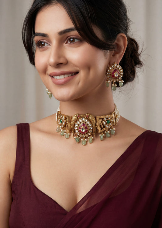 Kundan Heritage Meenakari Necklace set/ South Indian Choker Set/ Indian Choker Set/ Indian Gold Plated Jewelry/ Real Gold Look Necklace Set