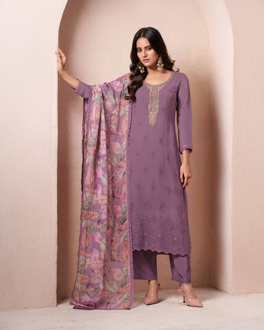Mauve Embroidered Organza Schiffli Unstitched Suit Set