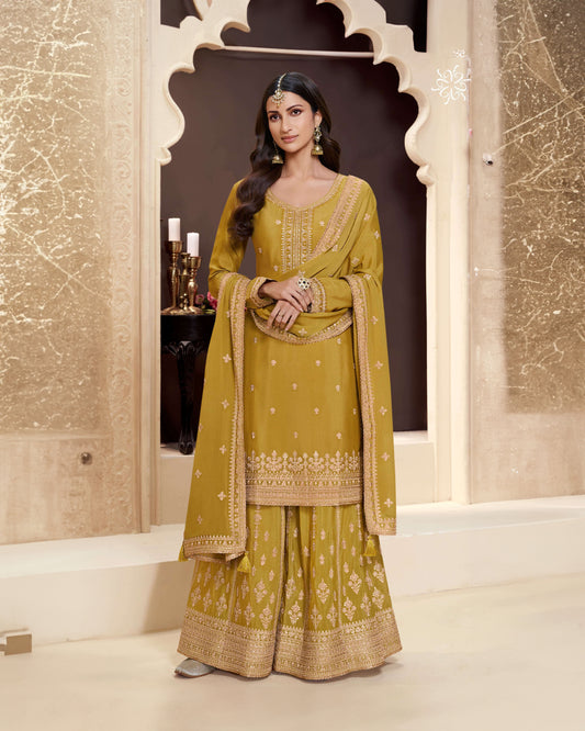 Mustard Yellow Heavy Embroidered Chinon Sharara Suit Set