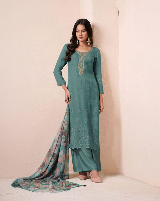 Sea Green Embroidered Organza Schiffli Unstitched Suit Set