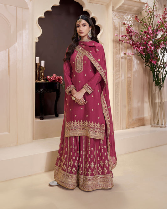 Wine Pink Heavy Embroidered Chinon Sharara Suit Set
