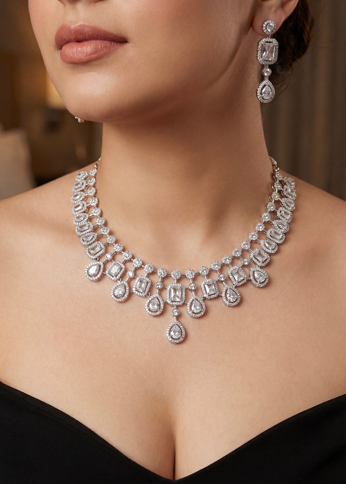 Silver Elegance Crystal AD Necklace Set