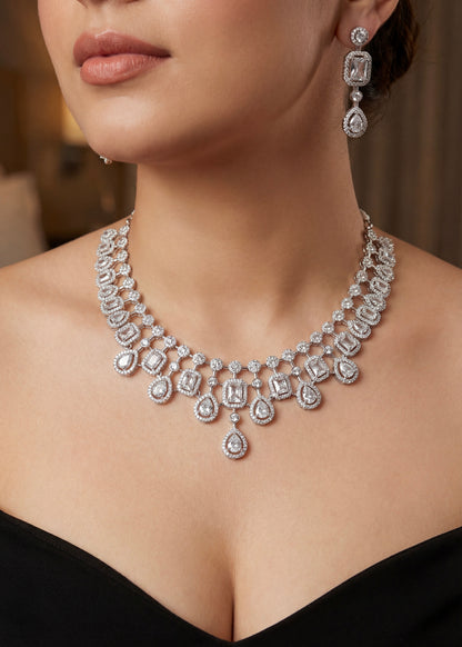 Silver Elegance Crystal AD Necklace Set