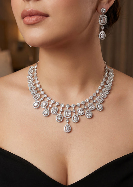 Silver Elegance Crystal AD Necklace Set