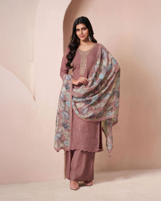 Dusty Rust Embroidered Organza Schiffli Unstitched Suit Set