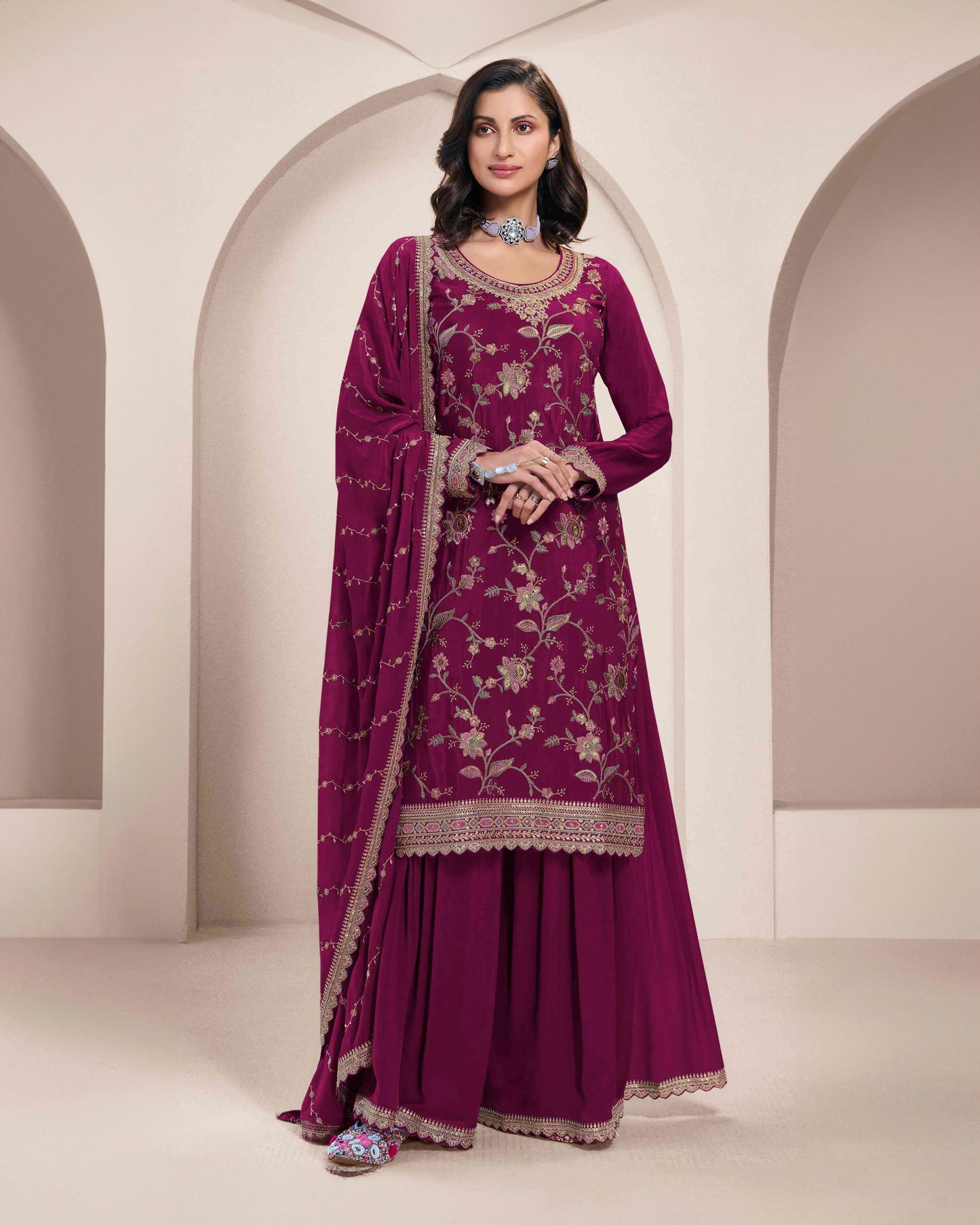 Wine Pink Chinon Sharara Suit