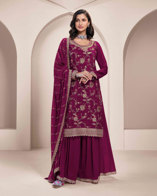 Wine Pink Chinon Sharara Suit