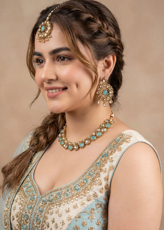 Aqua Glow Kundan Necklace Set