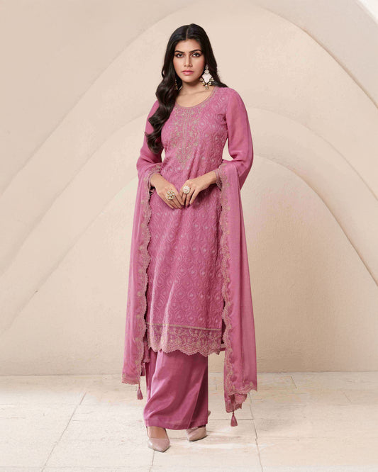 Pink Schiffli Embroidered Organza Unstitched Suit Set
