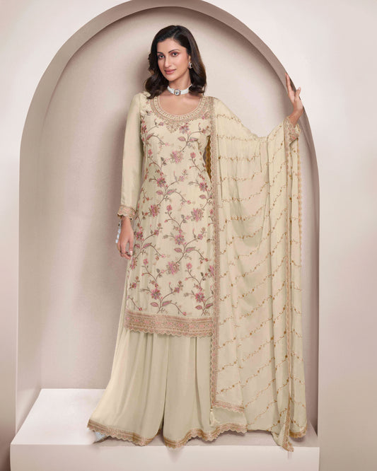 Pearl Beige Chinon Sharara Suit