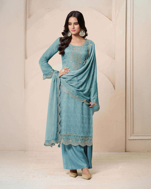 Teal Blue Schiffli Embroidered Organza Unstitched Suit Set