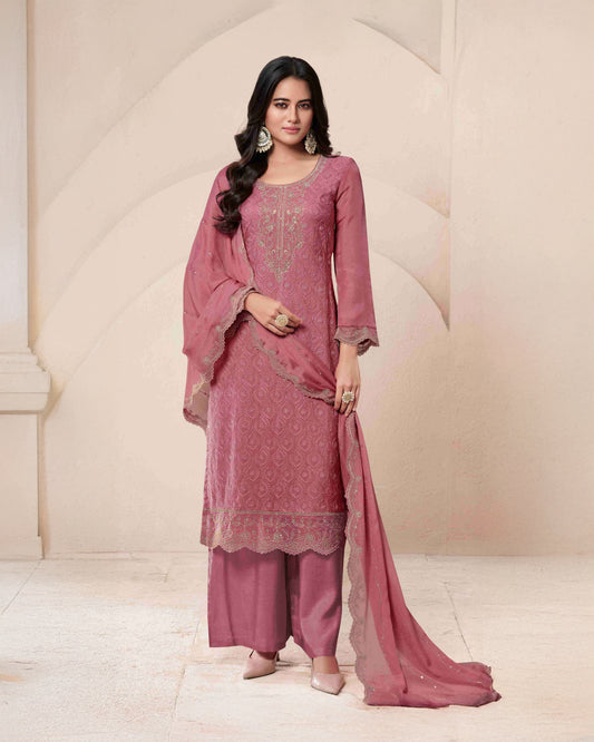 Dusty Rose Schiffli Embroidered Organza Unstitched Suit Set
