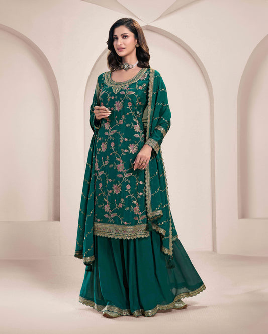 Bottle Green Chinon Sharara Suit