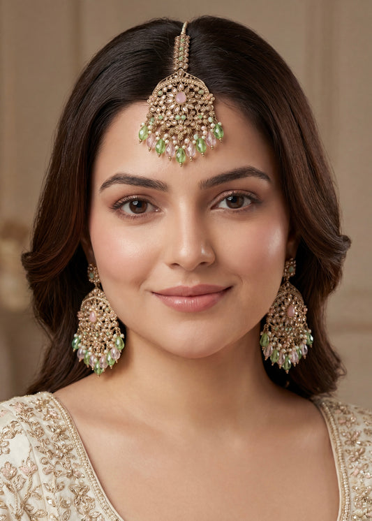 Green Bloom Jhumka Set with Antique Gold