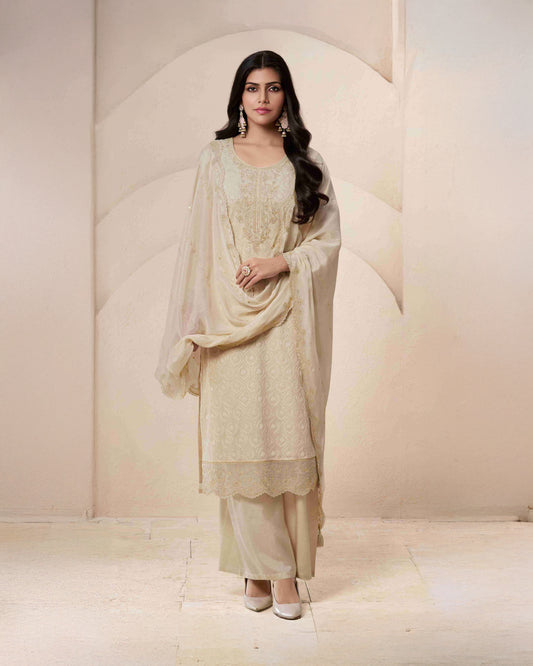 Ivory Schiffli Embroidered Organza Unstitched Suit Set