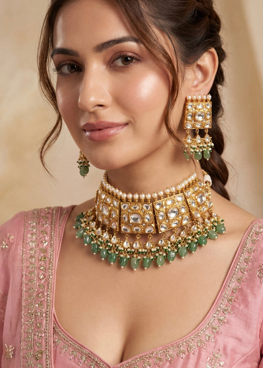 Uncut Kundan Choker necklace set/ Emarald beads / Gold necklace/ Indian Jewellery
