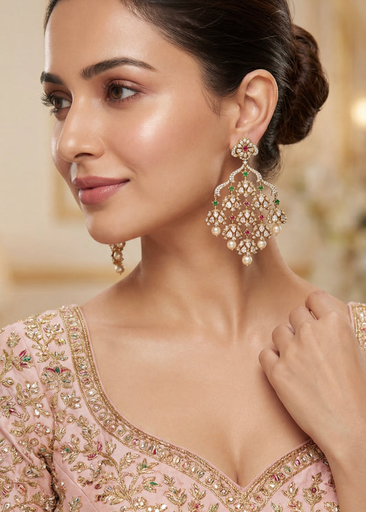 Statement Chandlier Earrings/ CZ Earrings/ Indian Earrings/ Bridal Jewelry/ Pearl Drop Earrings/ Long Statement Earrings