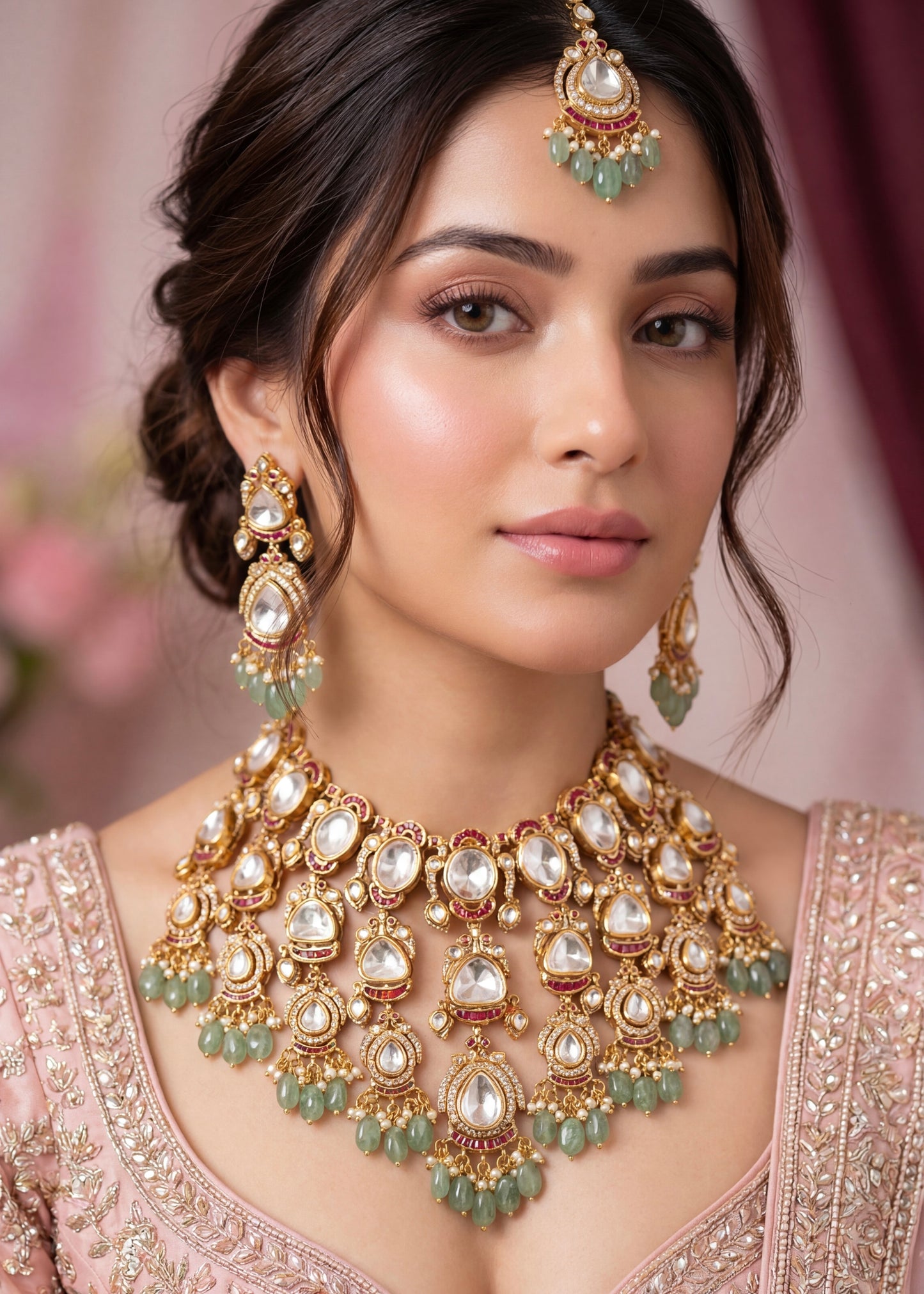 Kundan Bridal Necklace Set, Indian Jewelry, Mint Green Gemstones