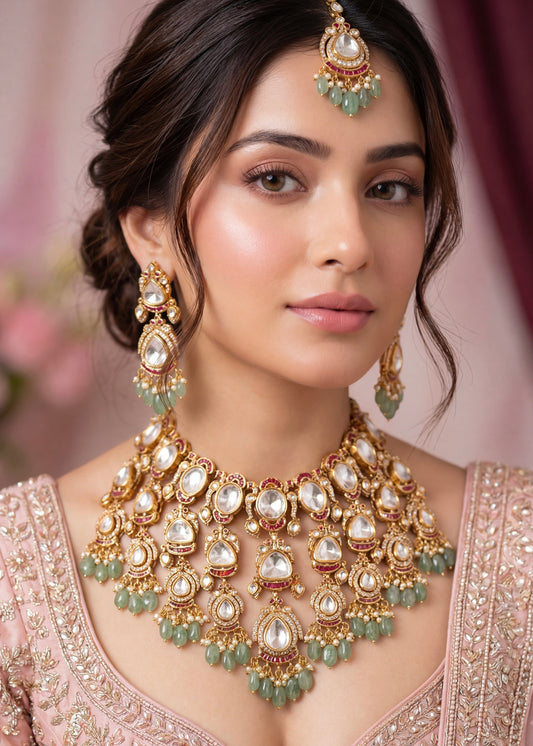 Kundan Bridal Necklace Set, Indian Jewelry, Mint Green Gemstones