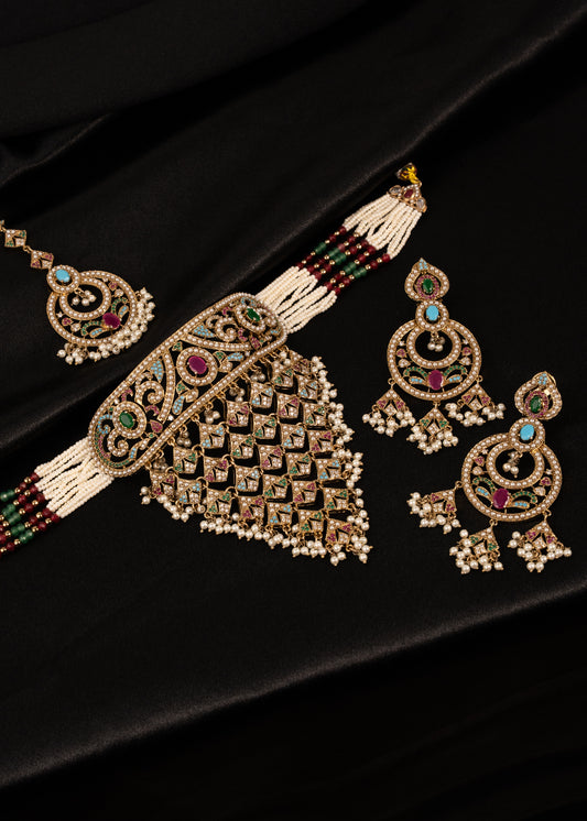 Antique Polki Waterfall Choker Necklace Set