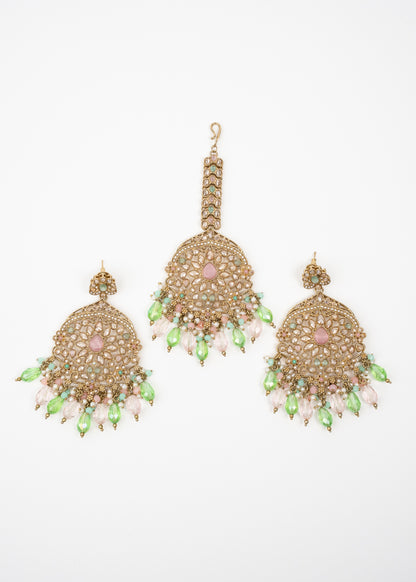 Green Bloom Jhumka Set with Antique Gold