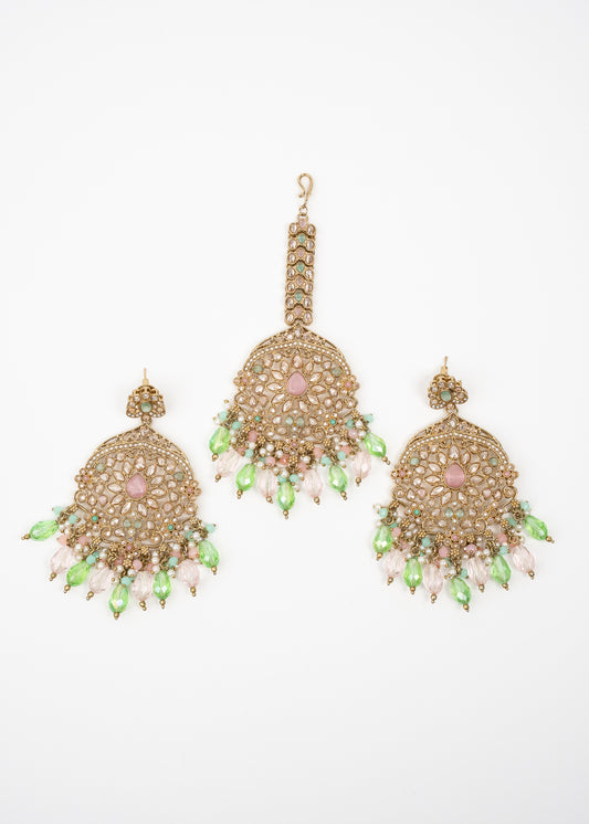 Green Bloom Jhumka Set with Antique Gold