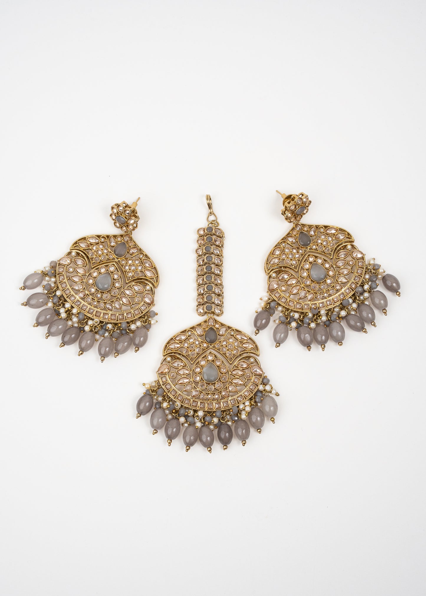 Antique Gold Jhumka Set with Grey Accents